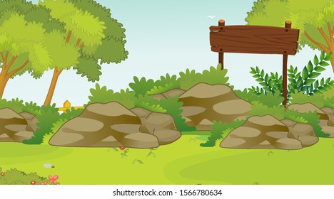 Background scene with wooden sign in the park illustration