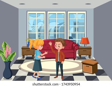 Background scene with young couple fighting at home illustration