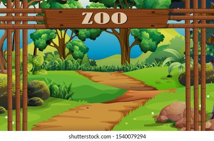 Background scene of zoo with sign and trail illustration