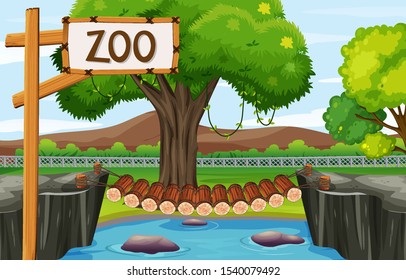 Background scene of zoo with wooden bridge illustration