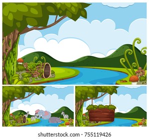 Escenarios de fondo con animales por la ilustración del río