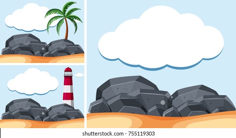 Background scenes with lighthouse and rocks illustration