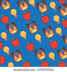 background of school bags with apples and light bulbs vector illustration design