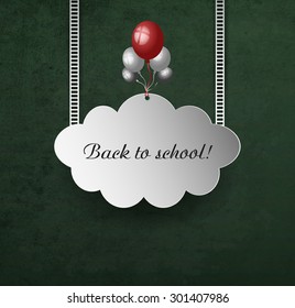 Background With School Blackboard, Cloud, Tairs, Holiday Balls And Text
