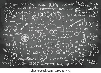 Background of a school board with scribbles painted chalk. A traditional image of chemistry.