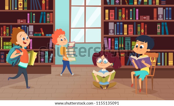 Background\
with school characters. Vector pictures of pupils. Illustration of\
library with bookshelf, bookstore\
university