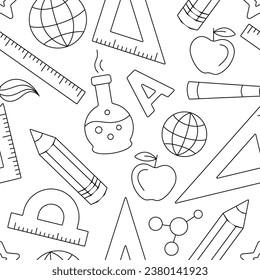 Background with school elements. Seamless pattern with globe, ruler, protractor, flask, letter A, pencil, apple, pen, atomic structure, brush on a white background. Doodle style, black thin lines. 