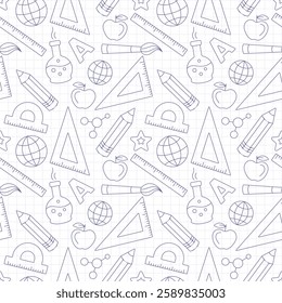 Background with school elements. Seamless pattern with ruler, protractor, globe, flask, letter A, pencil, apple, pen, atomic structure, brush on a grid paper texture. Doodle style, blue thin lines.