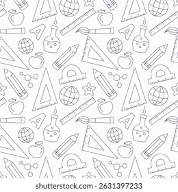 Background with school elements. Seamless pattern with globe, ruler, protractor, flask, letter A, pencil, apple, pen, atomic structure, brush on a white background. Doodle style, blue thin lines. 