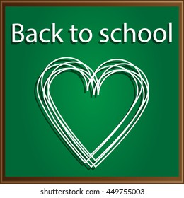 background for school. Heart drawn with chalk on green Board for chalk. Vector illustration of back to school
