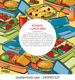 Background with school lunch box (container, veggie shooter, fast food, berries porridge, cookies with chocolate, pear, sweets,  fresh juice in a bottle, soda) and advertising text.