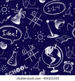 Background with school objects. Seamless vector pattern, blue pen doodle drawing