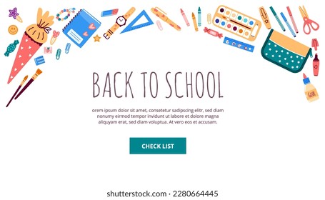 Background with school stationery objects.Supplies set like ruler,pencil,satchel for banner,header.Back to school.Isolated vector illustration in flat style with blank space