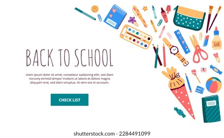 Background with school stationery objects.Supplies set like ruler,pencil,satchel for banner,header.Back to school.Isolated vector illustration in flat style with blank space