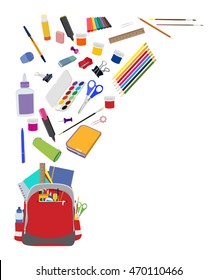Background with school supplies. School supplies composition with copy space flat vector background