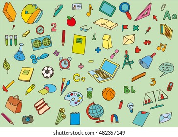 Background of school supplies drawn by hand.  Vector.