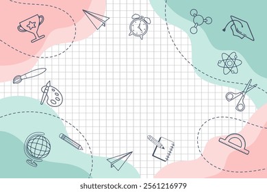 Background with school supplies and education icons hand drawn doodle elements. Illustration, back to school banner