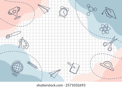 Background with school supplies and education icons hand drawn doodle elements. Illustration, back to school banner