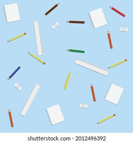 background of school supplies in light blue background