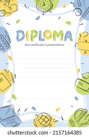 Background with school supplies and objects with place for text. Diploma of school children. Sample elementary school kids certificate. Vector illustration