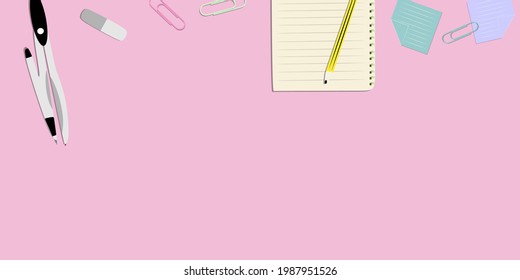 Background with school supplies. Office tools. Graphic image with empty space for text. Vector template. Notepad and pencil. Paper clips and notes.