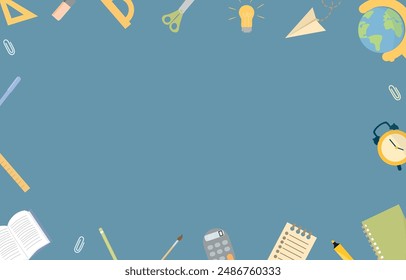 Background with school supplies. Template for school invitation, banner, poster, flyer, school concept. Vector background.
