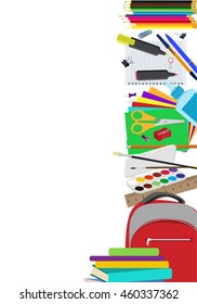 Background with school supplies vertical border. School supplies composition with copy space flat vector background. Objects are cut out with clipping path.