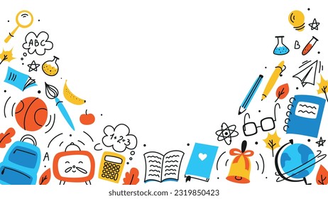  Background for school, school theme, school doodles, inscription in a notebook, training, lessons, time for training, set of education icons, back to school
