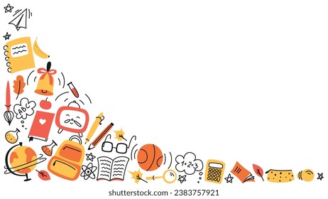 Background for school, school theme, school doodles, inscription in a notebook, training, lessons, time for training,tools, set of education icons
