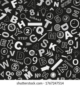 Hintergrund in einem Schulthema. Zahlen, Buchstaben, Pfeile und andere Schulobjekte auf schwarzem Hintergrund. Zurück zur Schule. Nahtloses Vektormuster.