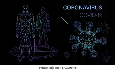 background science fiction about virus and human body, quarantine bacterium, vaccine research laboratory scientists, hologram effect of neon glow in space monitor scientific lab medical med dna health