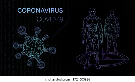background science fiction about virus and human body, quarantine bacterium, vaccine research laboratory scientists, hologram effect of neon glow in space monitor scientific lab medical med dna health