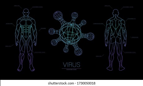 Hintergrundwissenschaftsfiktion über Viren und menschlichen Körper, Quarantänebakterium, Impfstoffforschungs-Laborwissenschaftler, Hologramm-Effekt von Neonglühen im Weltraum überwachen wissenschaftliche Labor Medizin med DNA