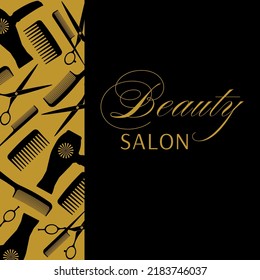 Background with scissors, combs, hair dryer. Design for beauty salon and hairdresser.