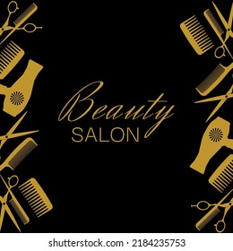 Background with scissors, combs, hair dryer. Design for beauty salon and hairdresser.