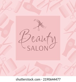 Background with scissors, combs, hair dryer. Design for beauty salon and hairdresser.