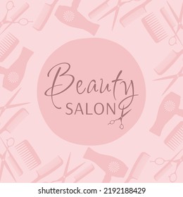 Background with scissors, combs, hair dryer. Design for beauty salon and hairdresser.