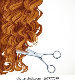 Background with scissors equals curly brown hair