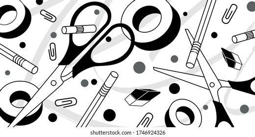 background of scissors and stationery of various shapes