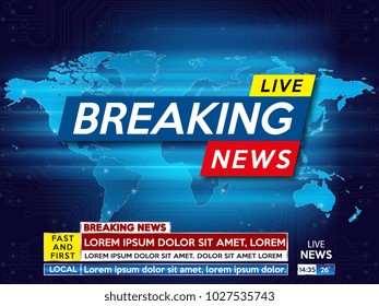 Background screen saver on breaking news. Breaking news live on blue technology background and world map. Vector illustration.