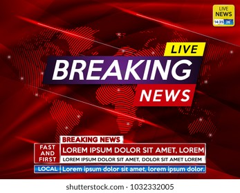 Background screen saver on breaking news. Breaking news live on red technology background and world map. Vector illustration.