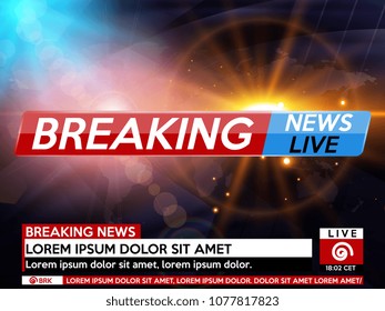 Background screen saver on breaking news. Breaking news live on blue background with sunrise and world map. Vector illustration.