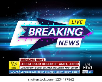 Background screen saver on breaking news. Breaking news live on blue background with world map. Vector illustration.