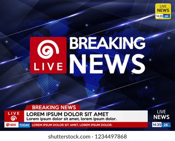 Background screen saver on breaking news. Breaking news live on blue background with world map. Vector illustration.