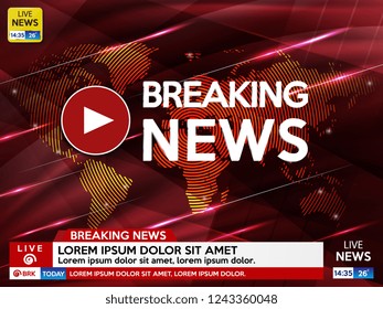 Background screen saver on breaking news. Breaking news live on red background with lights and world map. Vector illustration.