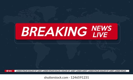 Background screen saver on breaking news. Breaking news live on grey background with world map. Vector illustration.