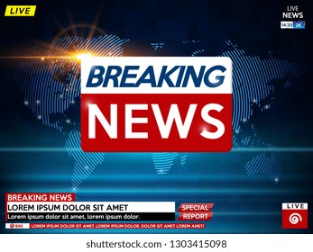 Background screen saver on breaking news. Breaking news live on blue background with sunrise and world map. Vector illustration.