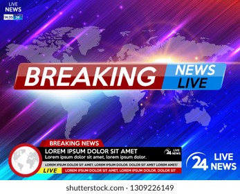 Background screen saver on breaking news. Breaking news live on world map background. Vector illustration.