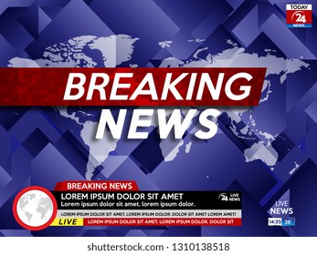 Background screen saver on breaking news. Breaking news live on world map background. Vector illustration.