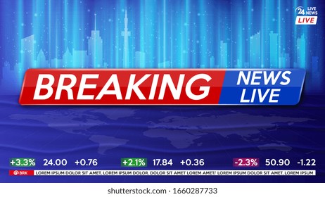 Background screen saver on breaking news. Breaking news live on world map and cityscape background. Vector illustration.